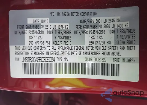 2011 Mazda Cx-9 Touring from USA, damaged, VIN JM3TB2CA8B0305084